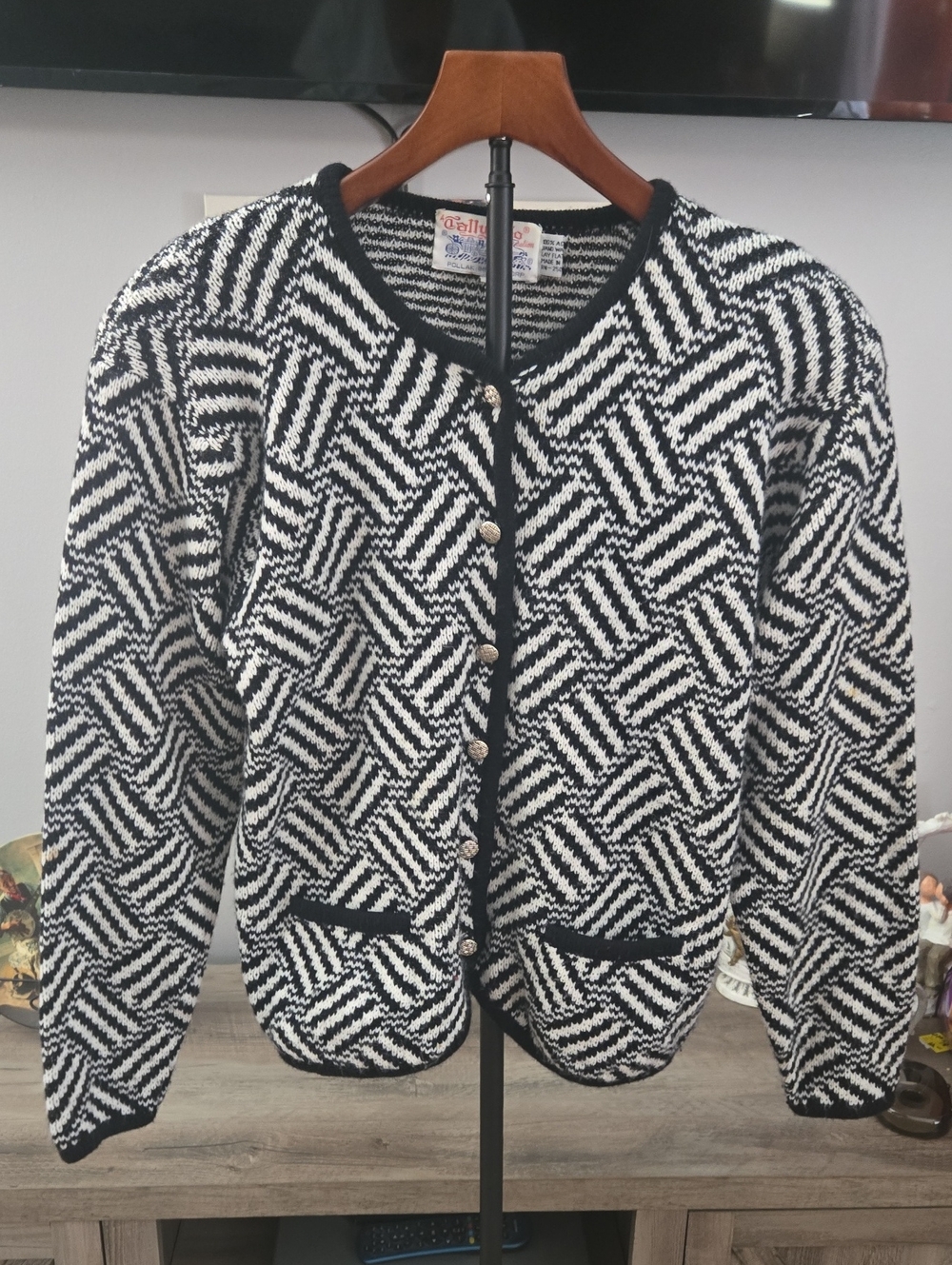 Vintage Black & White Geometric Knit Cardigan Sweater